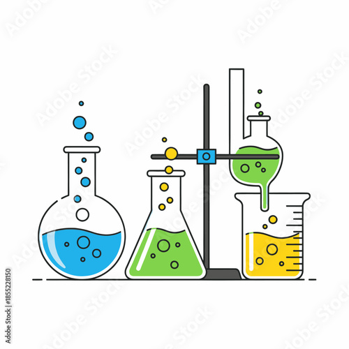 Creative colorful laboratory glassware with bubbling liquids and scientific apparatus for