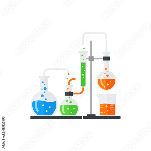 Modern laboratory glassware setup showcasing colorful chemical reactions and scientific