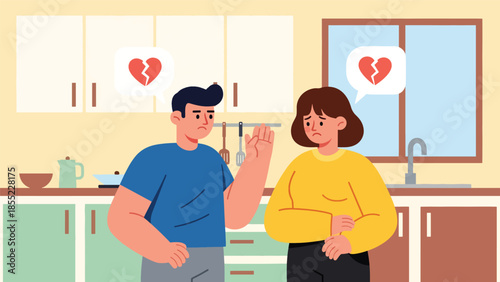 Modern flat vector illustration of man and woman arguing quietly in kitchen, relationship conflict scene, ideal for couple problem concepts