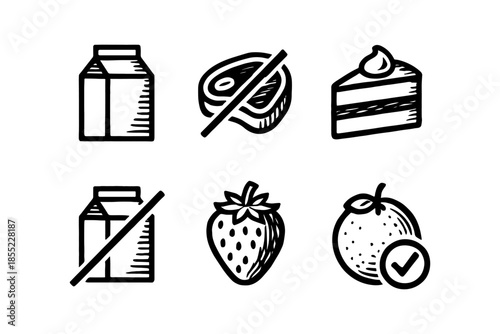 Hand drawn food icons: dairy, meat, dessert, and fruits in black and white