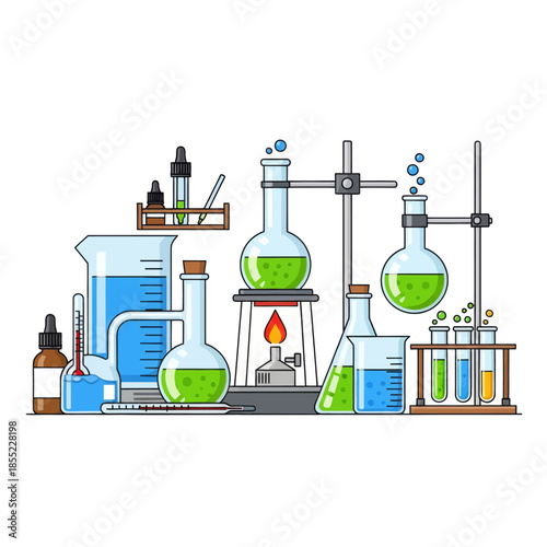 Colorful laboratory glassware setup with scientific equipment for chemical experiments and research