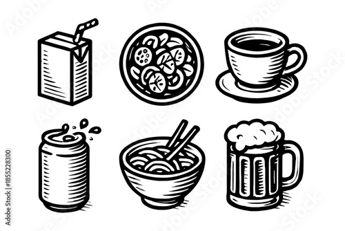 Hand drawn beverage and food set: juice, salad, coffee, soda, ramen, beer mug