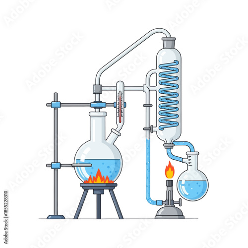 Illustration of a laboratory distillation apparatus used for chemical separation processes