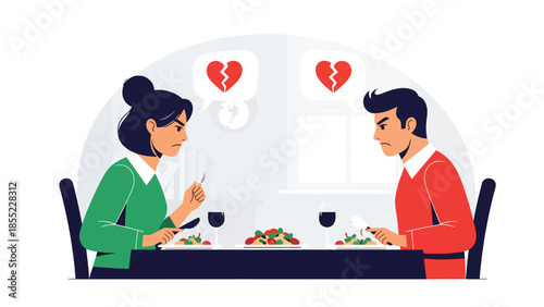 Modern flat vector illustration of man and woman sitting angry at dining table after breakup, emotional at home, ideal for relationship themes