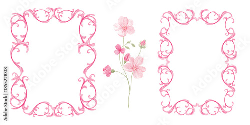 Watercolor pink baroque frames. Valentine's Day, pink flowers, heart. Pink floral frame in rococo style. Ornament, monogram. Set for decor, wedding, holidays, invitations. Victorian royal style.