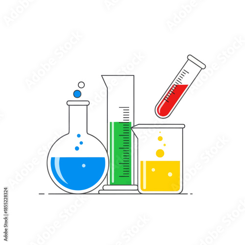 Colorful Scientific Laboratory Equipment Displaying Liquids in Test Tubes and Beakers for