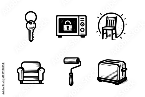 Retro style household icons: key, microwave, furniture, tools, and appliances in black and white