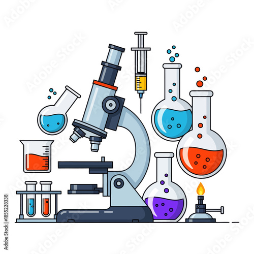 laboratory scene with various glassware including test tubes and microscope illustrating