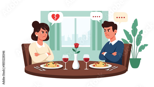 Modern flat vector illustration of man and woman sitting angry at dining table after breakup, emotional at home, ideal for relationship themes