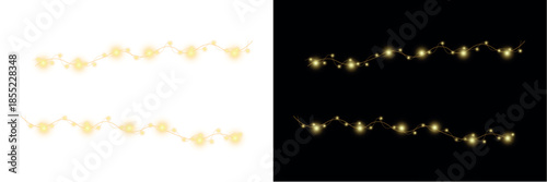 Garland glowing with fairy lights and ribbons on Christmas holiday banner for celebration.
