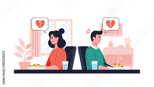 Modern flat vector illustration of man and woman sitting angry at dining table after breakup, emotional at home, ideal for relationship themes