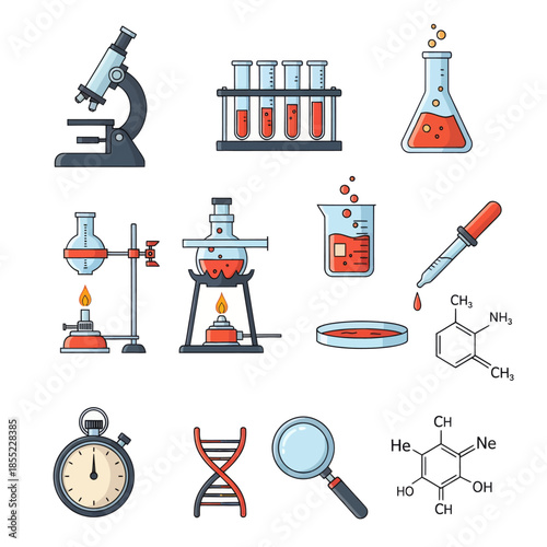 Collection of laboratory glassware and scientific instruments for chemistry experiments and