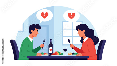 Modern flat vector illustration of man and woman sitting angry at dining table after breakup, emotional at home, ideal for relationship themes