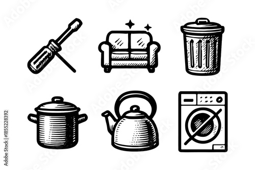 Vintage household icons: tools, furniture, appliances in classic style