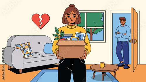 Modern flat vector illustration of woman holding box of belongings while man stands near door, breakup move-out scene, ideal for separation themes