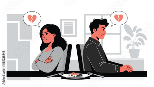 Modern flat vector illustration of man and woman sitting angry at dining table after breakup, emotional at home, ideal for relationship themes