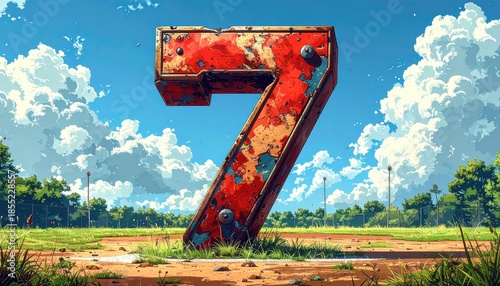 Rusty Red Number Seven in Pixel Art Style Field