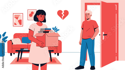Modern flat vector illustration of woman holding box of belongings while man stands near door, breakup move-out scene, ideal for separation themes