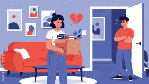 Modern flat vector illustration of woman holding box of belongings while man stands near door, breakup move-out scene, ideal for separation themes