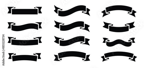 Ribbon set, collection of blank black tape glyphs and decorative ribbon silhouettes, vintage outline style, text banner tapes for web icons, digital design