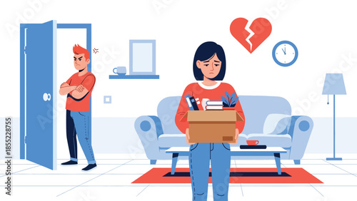 Modern flat vector illustration of woman holding box of belongings while man stands near door, breakup move-out scene, ideal for separation themes