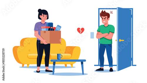 Modern flat vector illustration of woman holding box of belongings while man stands near door, breakup move-out scene, ideal for separation themes