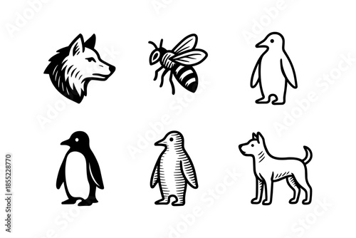 Monochrome animal collection: wolf, bee, penguin, dog icons
