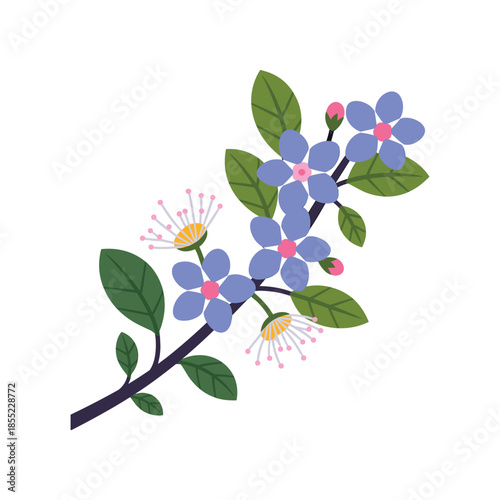 Flat of a dark branch with blue forget-me-not flowers green leaves and pink buds forget me not flower vector illustration isolated on white background