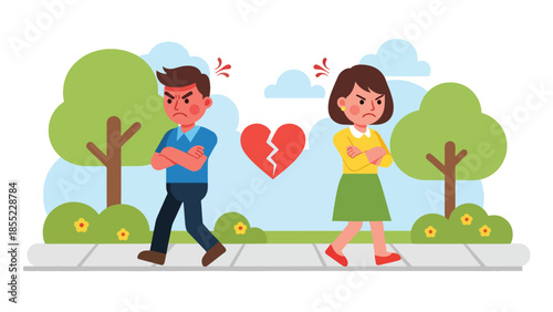 Modern flat vector illustration of man and woman walking in opposite directions, symbolic breakup and emotional separation, ideal for relationship endings