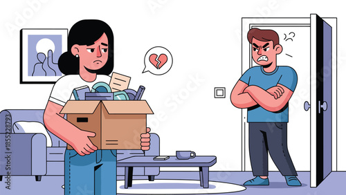Modern flat vector illustration of woman holding box of belongings while man stands near door, breakup move-out scene, ideal for separation themes