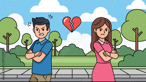 Modern flat vector illustration of man and woman walking in opposite directions, symbolic breakup and emotional separation, ideal for relationship endings