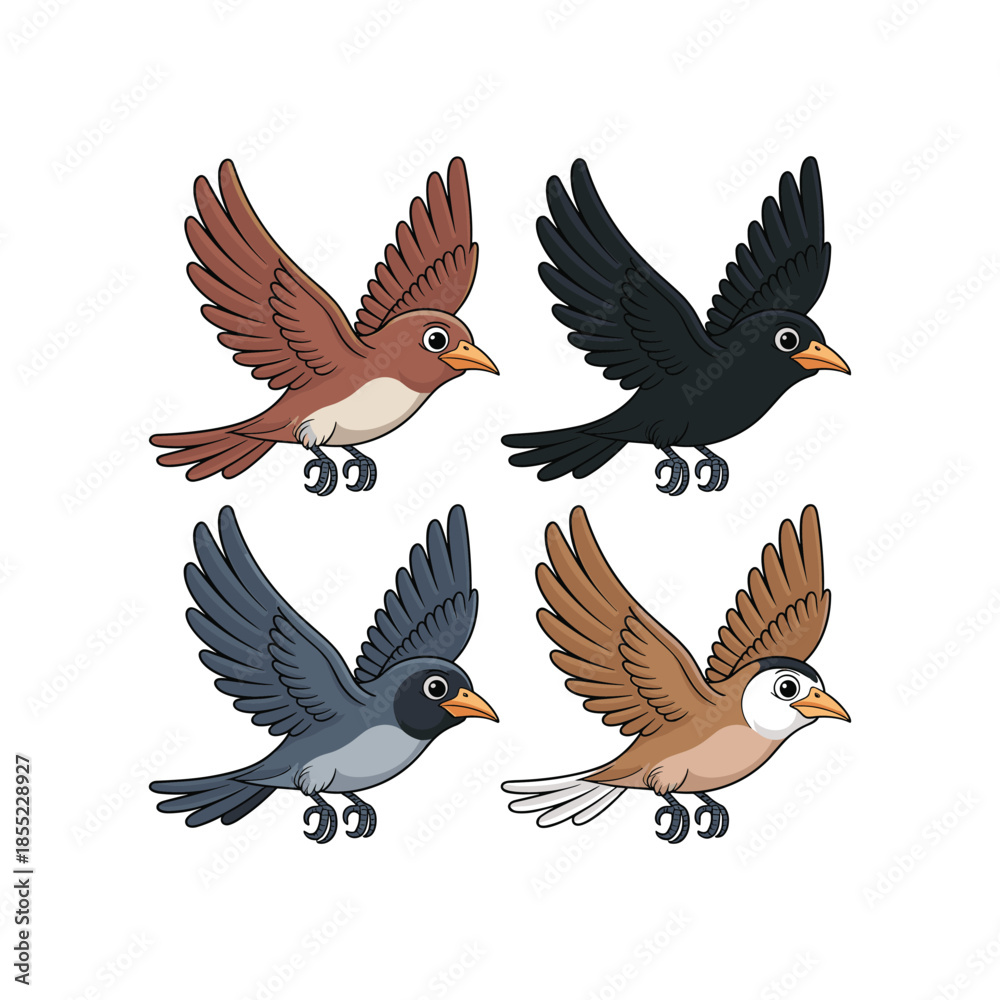 Obraz premium Four cartoon birds in flight brown black and grey with orange beaks and black outlines flying animal vector illustration isolated on white background