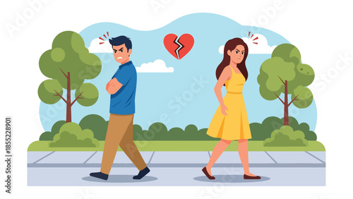 Modern flat vector illustration of man and woman walking in opposite directions, symbolic breakup and emotional separation, ideal for relationship endings