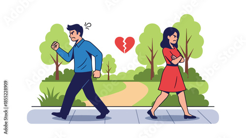 Modern flat vector illustration of man and woman walking in opposite directions, symbolic breakup and emotional separation, ideal for relationship endings