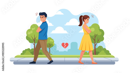 Modern flat vector illustration of man and woman walking in opposite directions, symbolic breakup and emotional separation, ideal for relationship endings