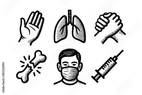 Medical icons in retro hand drawn style: mask, lung, syringe, bone, hands