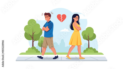Modern flat vector illustration of man and woman walking in opposite directions, symbolic breakup and emotional separation, ideal for relationship endings