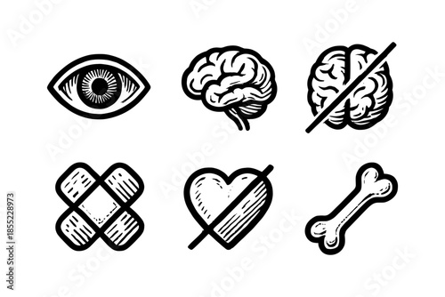 Black and white medical icons set: eye, brain, heart, bone, bandage in hand drawn style