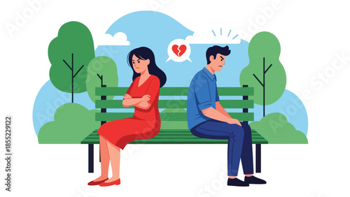 Modern flat vector illustration of man and woman sitting apart on park bench, emotional distance after breakup, ideal for relationship conflict visuals