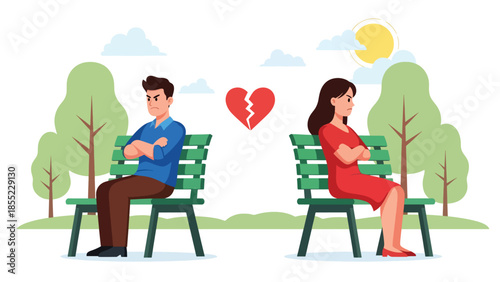 Modern flat vector illustration of man and woman sitting apart on park bench, emotional distance after breakup, ideal for relationship conflict visuals