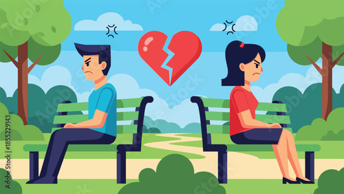Modern flat vector illustration of man and woman sitting apart on park bench, emotional distance after breakup, ideal for relationship conflict visuals