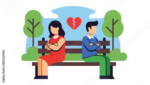 Modern flat vector illustration of man and woman sitting apart on park bench, emotional distance after breakup, ideal for relationship conflict visuals