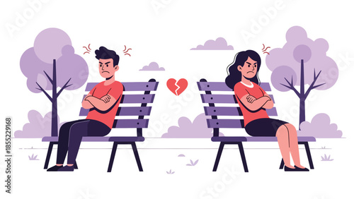 Modern flat vector illustration of man and woman sitting apart on park bench, emotional distance after breakup, ideal for relationship conflict visuals