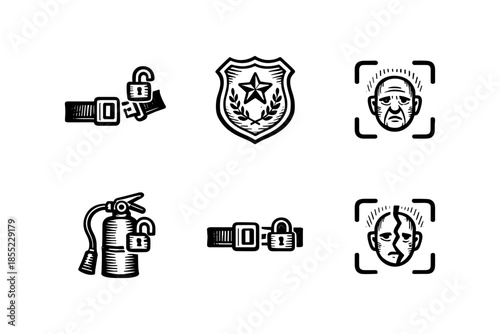 Security and safety icon set featuring lock, badge, and face recognition elements