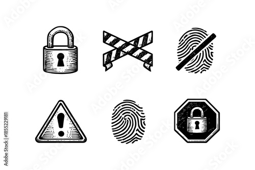 Vintage security icons set featuring lock, fingerprint, caution signs with grunge texture