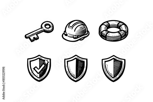 Hand drawn security icons set: key, helmet, lifebuoy, shields with check mark
