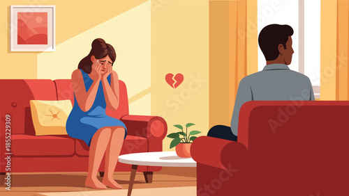 Modern flat vector illustration of woman crying on sofa while man looks away, emotional breakup scene, ideal for mental health and relationship visuals
