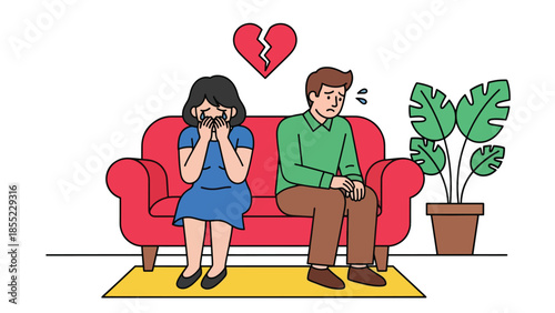 Modern flat vector illustration of woman crying on sofa while man looks away, emotional breakup scene, ideal for mental health and relationship visuals