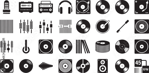 Vinyl record and DJ equipment icon set. Containing turntables, vinyl records, headphones, mixer, speakers, faders, amplifier tubes, and more.