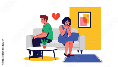 Modern flat vector illustration of woman crying on sofa while man looks away, emotional breakup scene, ideal for mental health and relationship visuals